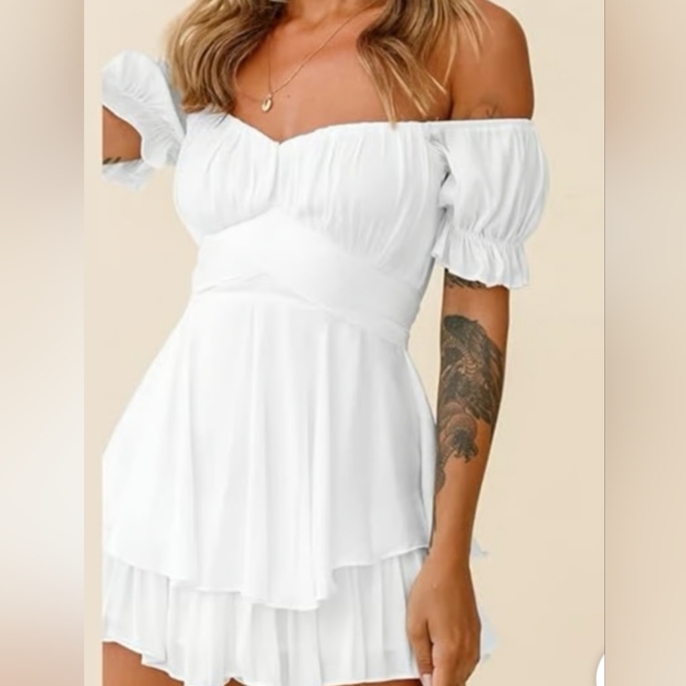 Angel Biba Off Shoulder Short Sleeved Tiered Romper With Ties - Picture 11 of 11